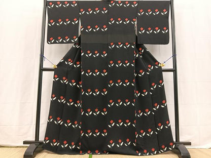 平和屋着物■上質な小紋　絞り　横段花文　黒地　正絹　逸品　BAAX3860yc