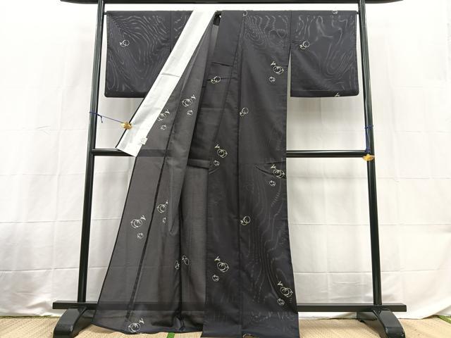 平和屋着物＊夏物　小紋　絽　笹竹丸文　黒地　洗える着物　BAAX3952yc