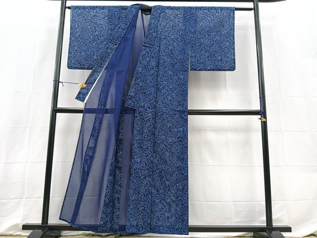 平和屋着物＊夏物　小紋　絽　型染め　更紗花唐草文　洗える着物　BAAX3961yc