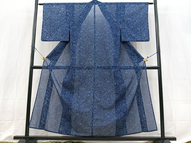 平和屋着物＊夏物　小紋　絽　型染め　更紗花唐草文　洗える着物　BAAX3961yc
