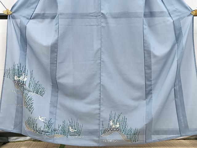 平和屋着物＊夏物　訪問着　絽　手描き　飛鶴木賊文　金銀彩　洗える着物　BAAX3962yc