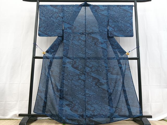 平和屋着物＊夏物　小紋　絽　型染め　立波花文　洗える着物　BAAX3963yc