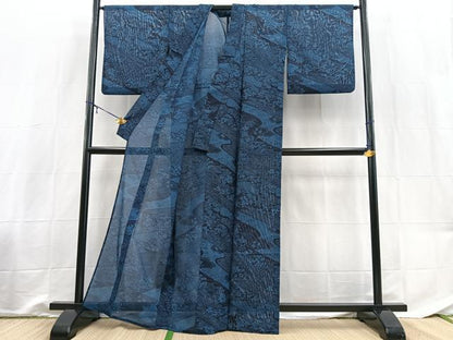 平和屋着物＊夏物　小紋　絽　型染め　立波花文　洗える着物　BAAX3963yc
