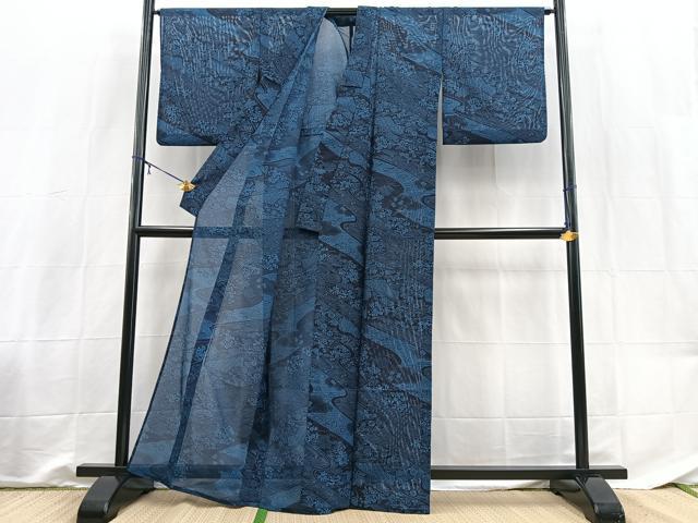 平和屋着物＊夏物　小紋　絽　型染め　立波花文　洗える着物　BAAX3963yc