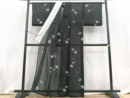 平和屋着物＊夏物　小紋　紗　糸巻き文　黒地　洗える着物　BAAX3964yc
