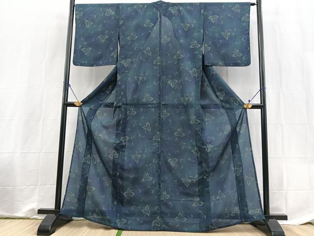 平和屋着物＊夏物　小紋　紗　葡萄蔦の葉文　暈し染め　洗える着物　BAAX3973yc