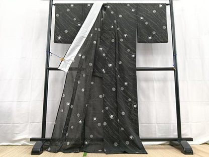 平和屋着物＊夏物　小紋　紗　花丸文　黒地　ロング丈　洗える着物　BAAX3978yc
