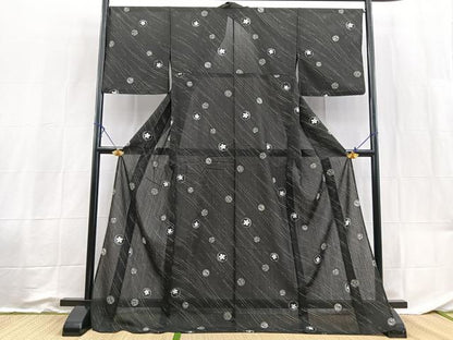 平和屋着物＊夏物　小紋　紗　花丸文　黒地　ロング丈　洗える着物　BAAX3978yc