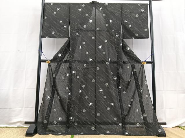 平和屋着物＊夏物　小紋　紗　花丸文　黒地　ロング丈　洗える着物　BAAX3978yc