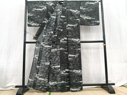 平和屋着物＊夏物　小紋　絽　霞文　黒地　洗える着物　BAAX3982yc