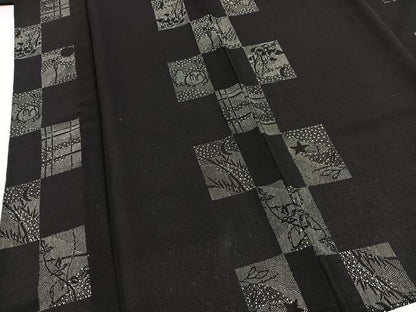 平和屋着物＊夏物　小紋　紗　風景文　黒地　洗える着物　BAAX3984yc