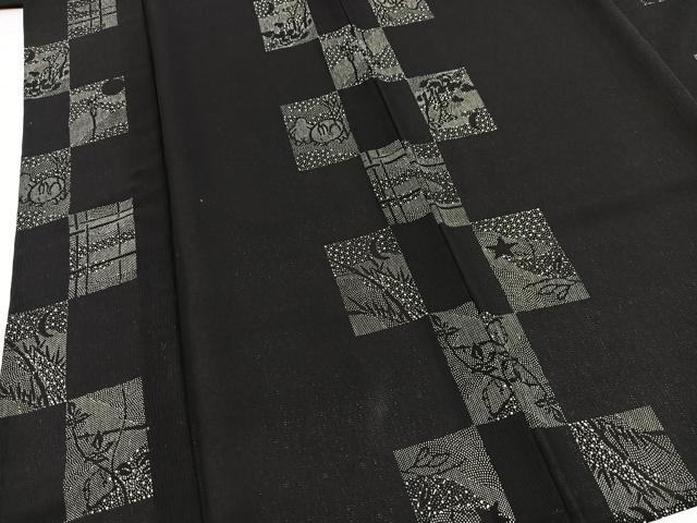 平和屋着物＊夏物　小紋　紗　風景文　黒地　洗える着物　BAAX3984yc