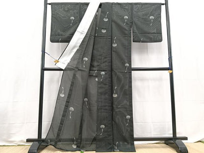 平和屋着物＊夏物　小紋　絽　風鈴　黒地　洗える着物　BAAX3988yc