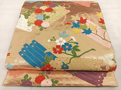 平和屋着物◎六通柄袋帯　唐織　菊桜楓花筏文　若松花瑶謹織　金糸　正絹　逸品　BAAX4002qw