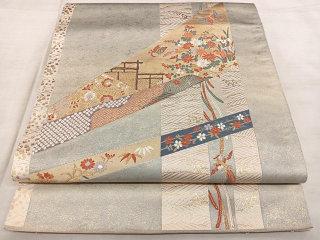 平和屋着物◎太鼓柄袋帯　唐織　金春鳳花花慶長文　金糸　引箔　正絹　逸品　BAAX4005qw