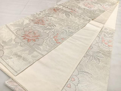 平和屋着物◎六通柄袋帯　唐織　みゆき　更紗花文　銀糸　正絹　逸品　BAAX4015qw