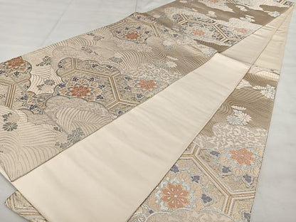 平和屋着物◎六通柄袋帯　綾織錦　雲取り花文　金銀糸　正絹　逸品　BAAX4030qw