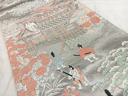 平和屋着物◎六通柄袋帯 唐織 人物風景文 プラチナ箔 正絹 逸品 BAAX4069qw
