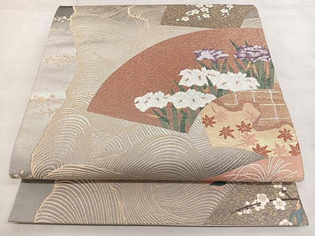 平和屋着物◎日本画の巨匠 加山又造 六通柄袋帯 唐織 波濤草花扇面屏風 金銀糸 引箔 正絹 逸品 BAAX4077qw