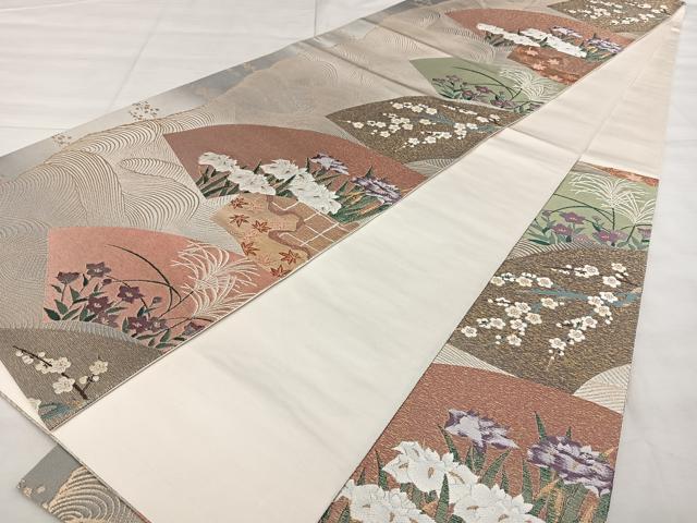 平和屋着物◎日本画の巨匠 加山又造 六通柄袋帯 唐織 波濤草花扇面屏風 金銀糸 引箔 正絹 逸品 BAAX4077qw
