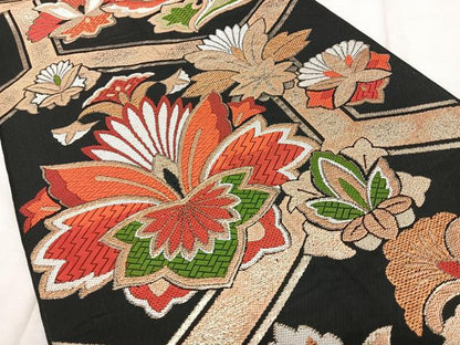 平和屋着物◎六通柄 本袋帯 唐織 亀甲花唐草文 黒地 金糸 正絹 逸品 BAAX4104qw