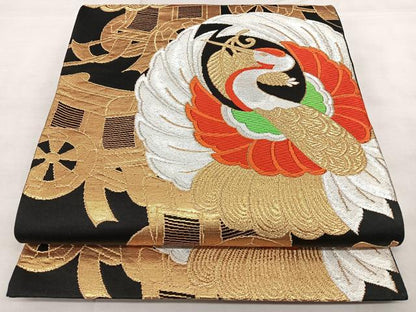 平和屋着物◎六通柄袋帯 唐織 飛鶴御所車文 黒地 金銀糸 正絹 逸品 BAAX4106qw