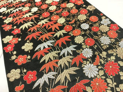 平和屋着物◎六通柄袋帯　唐織　草花文　黒地　金銀糸　正絹　逸品　BAAX4108qw