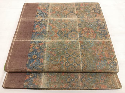 平和屋着物◎全通柄袋帯 紬地 更紗花文 正絹 逸品 BAAX4124qw