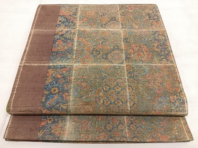 平和屋着物◎全通柄袋帯 紬地 更紗花文 正絹 逸品 BAAX4124qw
