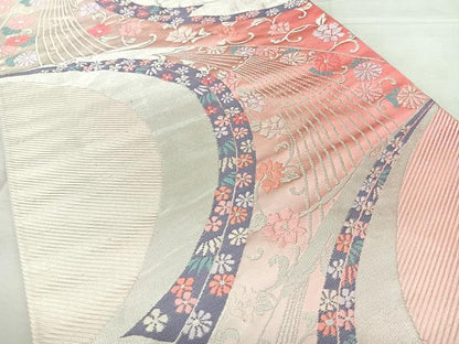 平和屋着物◎六通柄袋帯　唐織　花鳥文　銀糸　正絹　逸品　BAAX4143qw