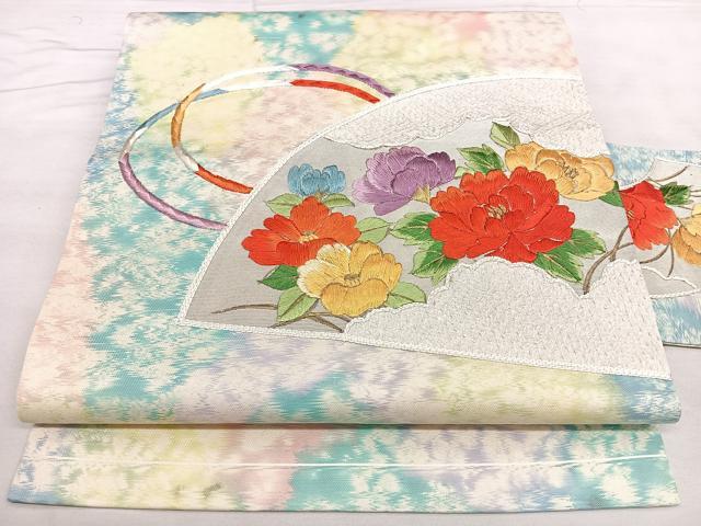 平和屋着物◎九寸名古屋帯　刺繍　扇面花文　金銀糸　正絹　逸品　BAAX4149qw