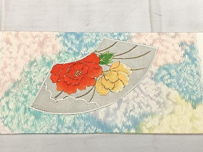 平和屋着物◎九寸名古屋帯　刺繍　扇面花文　金銀糸　正絹　逸品　BAAX4149qw