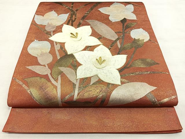 平和屋着物◎太鼓柄袋帯 駒刺繍 草花文 金銀彩 正絹 逸品 BAAX4151qw