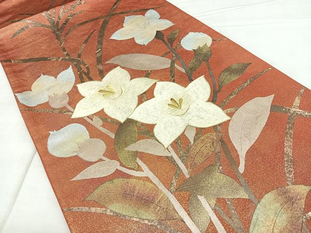 平和屋着物◎太鼓柄袋帯 駒刺繍 草花文 金銀彩 正絹 逸品 BAAX4151qw