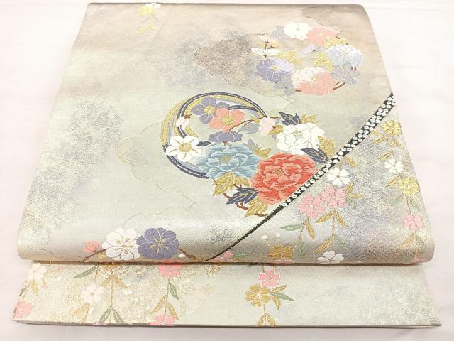 平和屋着物◎六通柄袋帯　唐織　雲取花丸文　金糸　引箔　正絹　逸品　BAAX4162qw