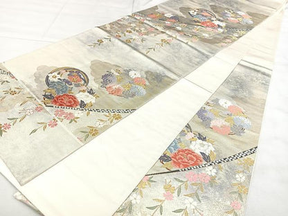 平和屋着物◎六通柄袋帯　唐織　雲取花丸文　金糸　引箔　正絹　逸品　BAAX4162qw