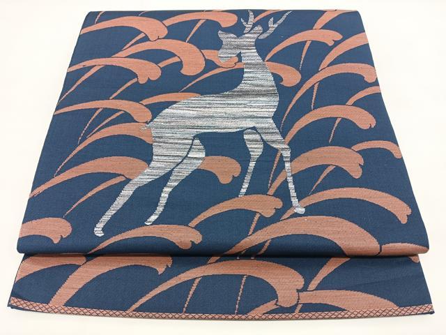 平和屋着物◎六通柄　本袋帯　鹿　芝草文　正絹　逸品　BAAX4165qw