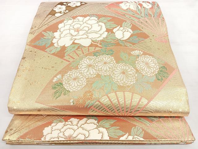 平和屋着物◎佐賀錦　六通柄袋帯　扇面花文　金糸　引箔　正絹　逸品　BAAX4172qw