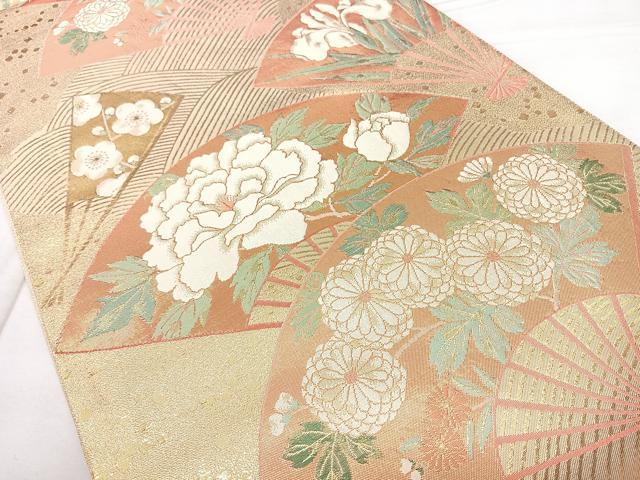 平和屋着物◎佐賀錦　六通柄袋帯　扇面花文　金糸　引箔　正絹　逸品　BAAX4172qw