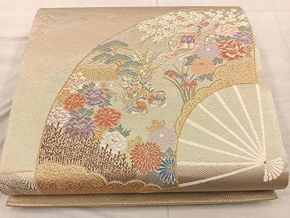 平和屋着物◎六通柄袋帯 古典錦 扇面風景花鳥文 金銀糸 正絹 逸品 BAAX4202mz