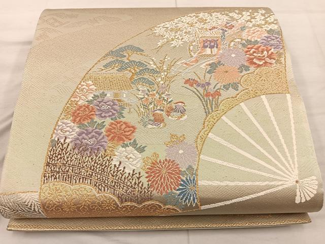 平和屋着物◎六通柄袋帯 古典錦 扇面風景花鳥文 金銀糸 正絹 逸品 BAAX4202mz
