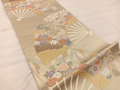 平和屋着物◎六通柄袋帯 古典錦 扇面風景花鳥文 金銀糸 正絹 逸品 BAAX4202mz