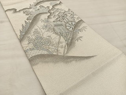 平和屋着物◎太鼓柄袋帯 綴れ 御所車花文 プラチナ箔 正絹 逸品 BAAX4204mz