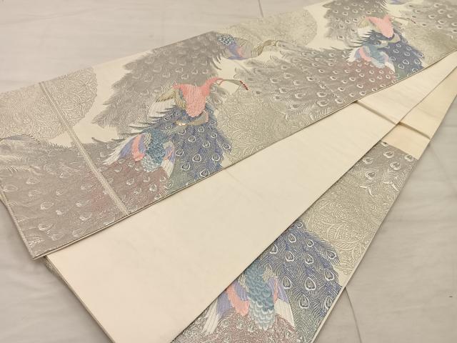 平和屋着物◎六通柄袋帯　唐織　更紗孔雀文　プラチナ箔　正絹　逸品　BAAX4214mz