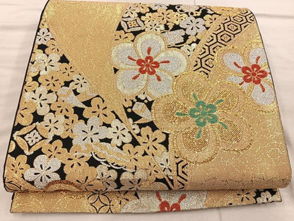 平和屋着物◎六通柄袋帯 宝尽くし梅花文 黒地 金銀糸 正絹 逸品 BAAX4218mz