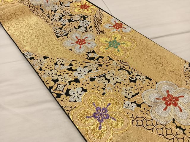 平和屋着物◎六通柄袋帯 宝尽くし梅花文 黒地 金銀糸 正絹 逸品 BAAX4218mz