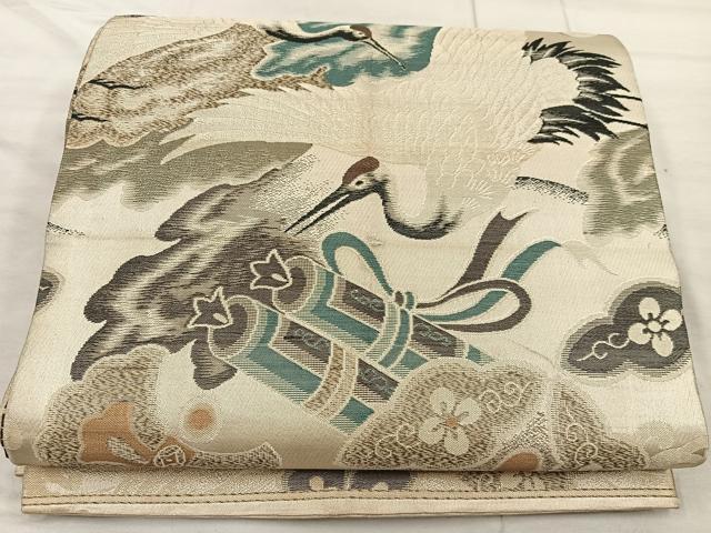 平和屋着物◎アンティーク　大正ロマン　丸帯　飛鶴花文　引き抜き帯　正絹　逸品　BAAX4221mz