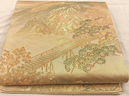 平和屋着物◎六通柄袋帯　渡橋樹林文　金糸　正絹　逸品　BAAX4226mz