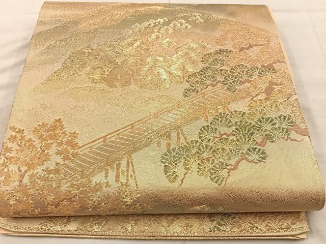 平和屋着物◎六通柄袋帯　渡橋樹林文　金糸　正絹　逸品　BAAX4226mz