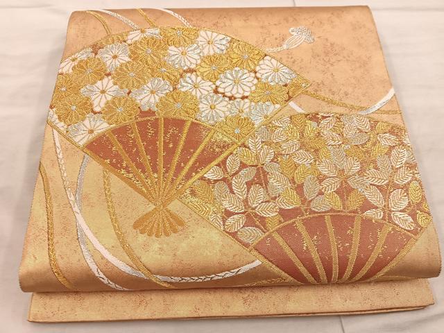 平和屋着物◎太鼓柄袋帯 扇面花文 金銀糸 引箔 正絹 逸品 BAAX4239mz